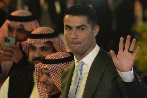 Cristiano Ronaldo attends the official unveiling as a new member of Al Nassr soccer club in in Riyadh, Saudi Arabia, Tuesday, Jan. 3, 2023. Ronaldo, who has won five Ballon d'Ors awards for the best soccer player in the world and five Champions League titles, will play outside of Europe for the first time in his storied career. (AP Photo/Amr Nabil)