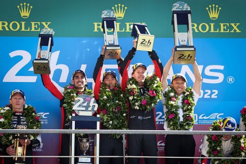 
TOYOTA GAZOO Racing. 
World Endurance Championship.
Le Mans 24 Hours Race
Le Mans Circuit, France
6th to 12th June 2022

 Podium and race winner celebrations Sebastien Buemi (SUI) ryp and Brendon Hartley (NZL)  