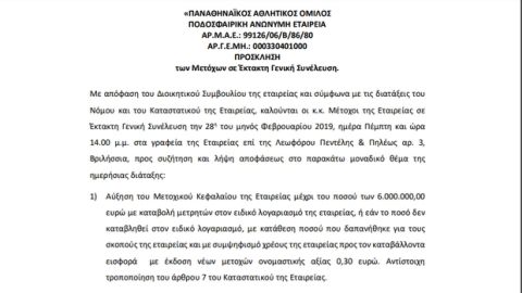 Παναθηναϊκός: Επίσημα στις 28/2 και ύψους 6 εκατ. ευρώ η νέα ΑΜΚ