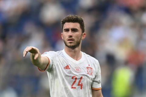 Spain's Aymeric Laporte during the Euro 2020 soccer championship quarterfinal match between Switzerland and Spain, at the Saint Petersburg stadium in Saint Petersburg, Friday, July 2, 2021. (Kirill Kudryavtsev, Pool via AP)