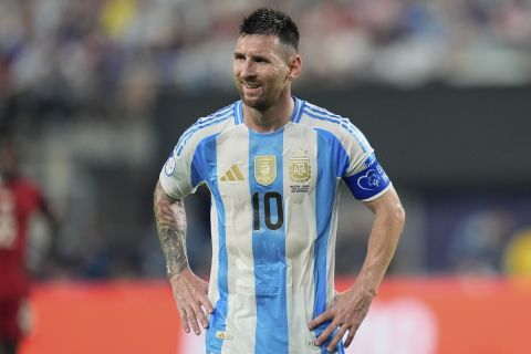 FILE - Argentina's Lionel Messi during a Copa America semifinal soccer match against Canada in East Rutherford, N.J., July 9, 2024. (AP Photo/Julia Nikhinson, File)