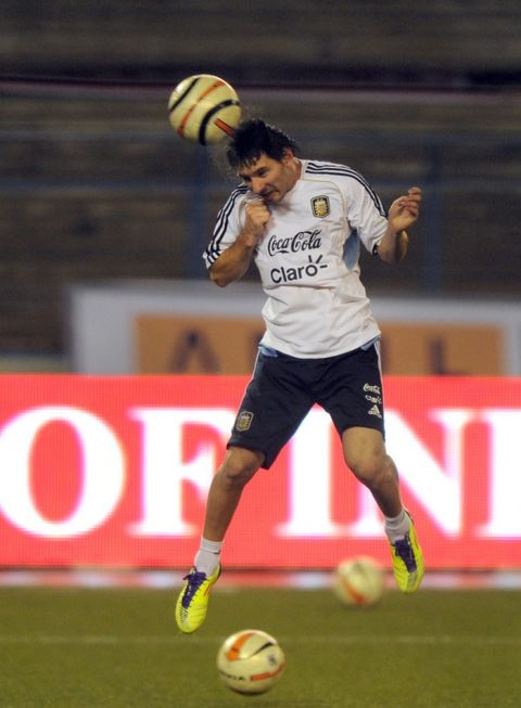 Argentine footballer Lionel Messi practises during a training session ahead of the match in Kolkata on September 01, 2011. Argentina 's football team, lead by the newly elected captain Lionel Messi, came to Kolkata to play in the first ever FIFA Friendly International Match on the Indian subcontinent against Venezuela on September 02, 2011. AFP PHOTO/Dibyangshu SARKAR   (Photo credit should read DIBYANGSHU SARKAR/AFP/Getty Images)