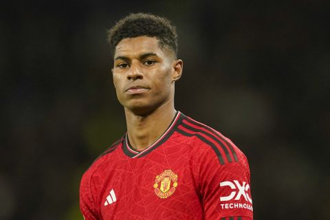 Manchester United's Marcus Rashford reacts during the EFL Cup fourth round soccer match between Manchester United and Newcastle at Old Trafford stadium in Manchester, England, Wednesday, Nov. 1, 2023. (AP Photo/Dave Thompson)