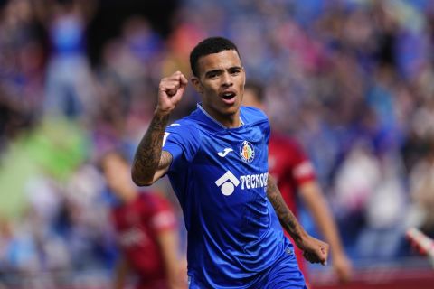 FILE - Getafe's Mason Greenwood reacts after coming on late as substitute to make his debut during a Spanish La Liga soccer match between Getafe and Osasuna at the Coliseum stadium in Getafe, Spain, Sunday, Sept. 17, 2023. The Spanish league says that it will look into a complaint filed by Getafe that Real Madrid player Jude Bellingham allegedly called Getafe forward Mason Greenwood a rapist during a game. The incident allegedly occurred during Madrids 2-0 win at Getafe on Thursday, Feb. 1, 2024. (AP Photo/Jose Breton, File)