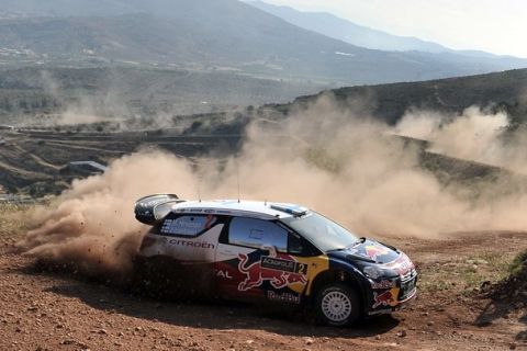 Finland's Mikko Hirvonen and co-driver Jarmo Lehtinen drive their Citroen DS3 during the Klenia special stage of the WRC Acropolis rally near Agios Vassilios on May 26, 2012.   AFP PHOTO / ARIS MESSINIS        (Photo credit should read ARIS MESSINIS/AFP/GettyImages)