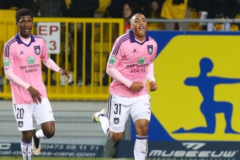 20150307 - LOKEREN, BELGIUM: Anderlecht's Youri Tielemans celebrates after scoring during the Jupiler Pro League match between Sporting Lokeren and RSC Anderlecht, in Lokeren, Saturday 07 March 2015, on the 29th day of the Belgian soccer championship. BELGA PHOTO VIRGINIE LEFOUR