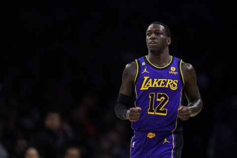 Los Angeles Lakers' Kendrick Nunn (12) during the second half of an NBA basketball game against the Atlanta Hawks Sunday, Jan. 8, 2023, in Los Angeles. (AP Photo/Jae C. Hong)