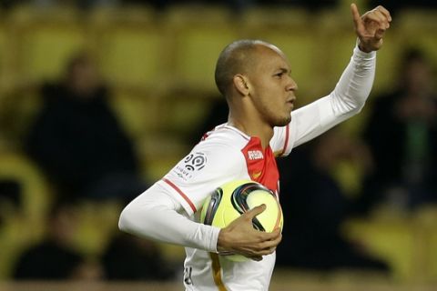 Monaco's Fabinho reacts after scoring the first goal for Monaco during the French League One soccer match against Ajaccio, in Monaco stadium, Saturday, Jan. 9 , 2016. (AP Photo/Lionel Cironneau)