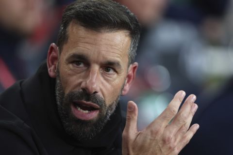 FILE - PSV's head coach Ruud van Nistelrooy reacts before the Europa League soccer match between Arsenal and PSV at Emirates stadium in London, on Oct. 20, 2022. Van Nistelrooy resigned with only one match left to play this season because he did not feel enough support within the team, the Dutch club said Wednesday May 24, 2023. (AP Photo/Ian Walton, File)