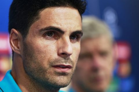 Arsenal's Mikel Arteta attends a news conference in Zagreb, Croatia, on Tuesday, Sept. 15, 2015. Arsenal will play Dinamo Zagreb in a Champions League soccer match on Wednesday, Sept. 16.  (AP Photo/Darko Bandic)  