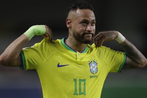 Brazil's Neymar celebrates scoring his side's 5th goal against Bolivia during a qualifying soccer match for the FIFA World Cup 2026 at Mangueirao stadium in Belem, Brazil, Friday, Sept. 8, 2023. (AP Photo/Bruna Prado)