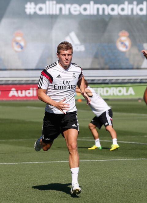 MADRID, SPAIN - AUGUST 07: Toni Kroos of Real Madrid runs during a training session at Valdebebas training ground on August 7, 2014 in Madrid, Spain.  (Photo by Antonio Villalba/Real Madrid via Getty Images)