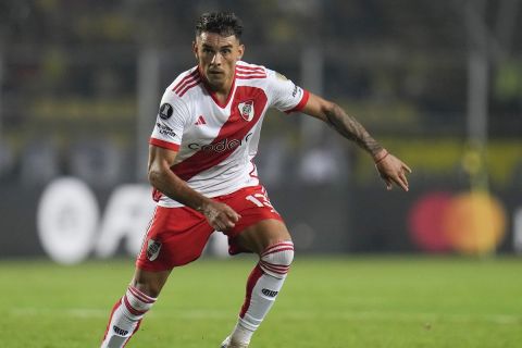 Enzo Diaz of Argentina's River Plate during a Copa Libertadores Group H soccer match against Venezuela's Deportivo Tachira at Polideportivo de Pueblo Nuevo stadium in San Cristobal, Venezuela, Tuesday, April 2, 2024. (AP Photo/Matias Delacroix)