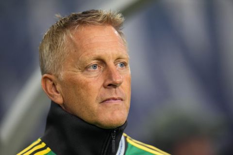 Jamaica head coach Heimir Hallgrimsson stands on the sideline before the first half of a CONCACAF Nations League third place soccer match against Panama, Sunday, March 24, 2024, in Arlington, Texas. (AP Photo/Julio Cortez)