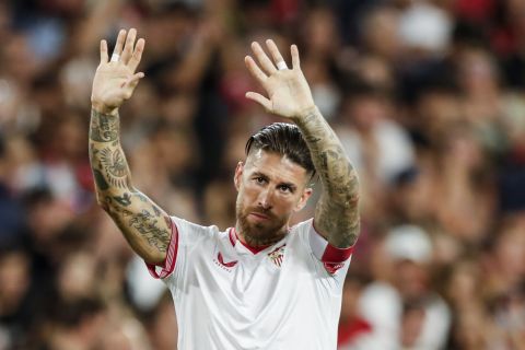 Sevilla's Sergio Ramos gestures during a Spanish La Liga soccer match between Sevilla and FC Barcelona at the Ramon Sanchez Pizjuan stadium in Seville, Spain, Sunday, May 26, 2024. (AP Photo/Fermin Rodriguez)