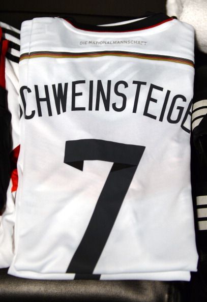 RIO DE JANEIRO, BRAZIL - JULY 13:  The shirts worn by Bastian Schweinsteiger of Germany are displayed in the dressing room prior to the 2014 FIFA World Cup Brazil Final match between Germany and Argentina at Maracana on July 13, 2014 in Rio de Janeiro, Brazil.  (Photo by Lars Baron - FIFA/FIFA via Getty Images)