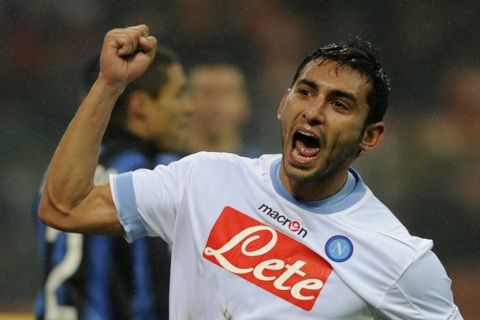 Napoli's midfielder Michele Pazienza celebrates after scoring during the seria A match Inter against Napoli, on January 6, 2011 in San Siro stadium in Milan . AFP PHOTO / OLIVIER MORIN (Photo credit should read OLIVIER MORIN/AFP/Getty Images)