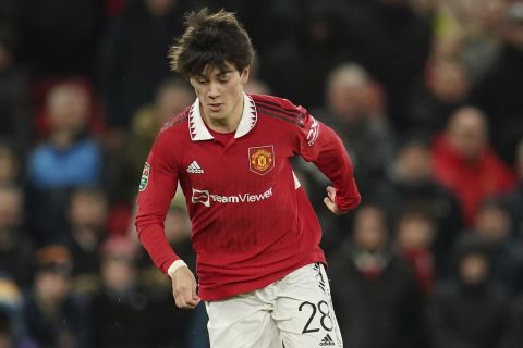 Manchester United's Facundo Pellistri controls the ball during the English League Cup quarter final soccer match between Manchester United and Charlton Athletic at Old Trafford in Manchester, England, Tuesday, Jan. 10, 2023. (AP Photo/Dave Thompson)