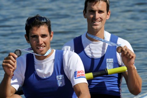 (BOW) GEORGIOS TZIALLAS & (STROKE) IOANNIS CHRISTOU (BOTH GREECE) CELEBRATE THEIR BRONZE MEDALS IN MEN'S PAIR FINAL A DURING REGATTA 