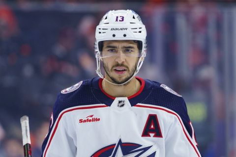 FILE - Columbus Blue Jackets' Johnny Gaudreau looks on during an NHL hockey game against the Philadelphia Flyers, Tuesday, April 11, 2023, in Philadelphia.  (AP Photo/Chris Szagola, File)