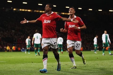 MANCHESTER, ENGLAND - OCTOBER 20:  Luis Nani of Manchester United celebrates with Federico Macheda (R) as he scores their first goal during the UEFA Champions League Group C match between Manchester United and Bursaspor Kulubu at Old Trafford on October 20, 2010 in Manchester, England.  (Photo by Alex Livesey/Getty Images)