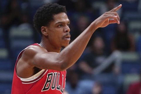 Chicago Bulls guard Jarell Eddie points after sinking a 3-point shot during the second half of an NBA preseason basketball game against the New Orleans Pelicans in New Orleans, Tuesday, Oct. 3, 2017. The Bulls won 113-109. (AP Photo/Gerald Herbert)