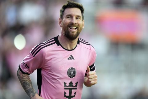 FILE - Inter Miami forward Lionel Messi runs after scoring against Orlando City during the second half of an MLS soccer match Saturday, March 2, 2024, in Fort Lauderdale, Fla. (AP Photo/Rebecca Blackwell, File)