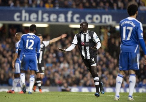 Newcastle United's Papiss Cisse (2nd R) runs to celebrate after scoring the opening goal against Chelsea during the English Premier League football match at Stamford Bridge in London on May 2, 2012. Cisse scored both goals in the match and Newcastle won the game 2-0. AFP PHOTO / ADRIAN DENNIS

RESTRICTED TO EDITORIAL USE. No use with unauthorized audio, video, data, fixture lists, club/league logos or ?live? services. Online in-match use limited to 45 images, no video emulation. No use in betting, games or single club/league/player publications.        (Photo credit should read ADRIAN DENNIS/AFP/GettyImages)