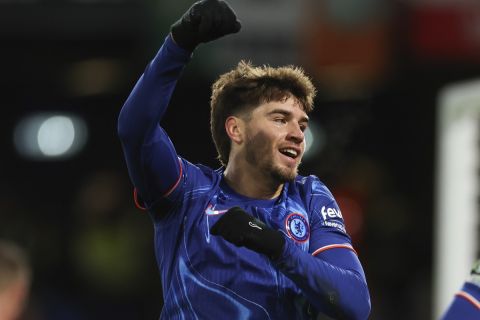 Chelsea's Marc Guiu celebrates scoring his side's opening goal during the Europa Conference League opening phase soccer match between Chelsea and Shamrock Rovers at Stamford Bridge stadium in London, Thursday, Dec. 19, 2024. (AP Photo/Ian Walton)