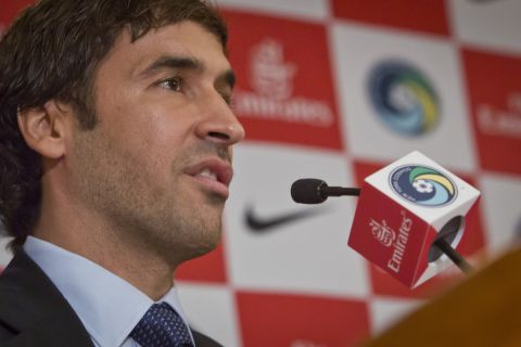 Former Spanish national soccer team captain and former Real Madrid star Raúl González Blanco speaks during a press conference, where he is introduced as the newest member of the New York Cosmos, Tuesday Dec. 9, 2014 in New York.  (AP Photo/Bebeto Matthews)