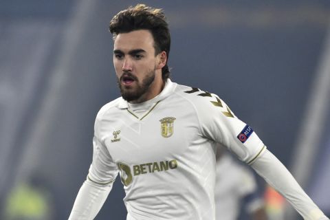 Braga's Andre Horta during the Europa League Group G soccer match between Leicester City and Sporting Braga at the King Power Stadium in Leicester, England, Thursday, Nov 5, 2020. (AP Photo/Rui Vieira)