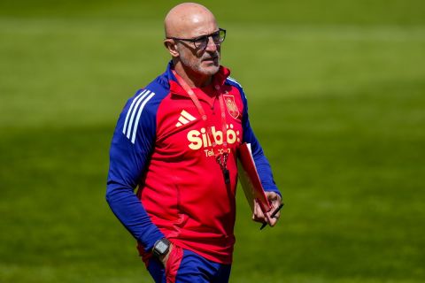 Spain's coach Luis de la Fuente arrives for a training session at their base camp in Donaueschingen, Germany, Wednesday, June 12, 2024, ahead of their Group B soccer match against Croatia at the Euro 2024 soccer tournament. (AP Photo/Manu Fernandez)