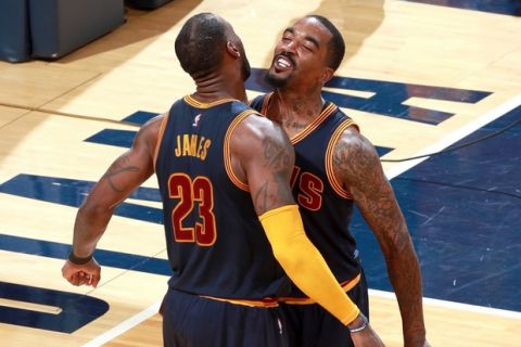 INDIANAPOLIS, IN - APRIL 20:  LeBron James #23 and J.R. Smith #5 of the Cleveland Cavaliers celebrate after beating the Indiana Pacers during Game Three of the Eastern Conference Quarterfinals of the 2017 NBA Playoffs on April 20, 2017 at Bankers Life Fieldhouse in Indianapolis, IN. NOTE TO USER: User expressly acknowledges and agrees that, by downloading and or using this Photograph, user is consenting to the terms and conditions of the Getty Images License Agreement. Mandatory Copyright Notice: Copyright 2017 NBAE (Photo by Jeff Haynes/NBAE via Getty Images)