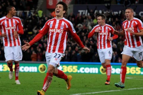 Stoke's Bojan Krkic during the English Premier League soccer match between Stoke City and Arsenal at the Britannia Stadium, in Stoke on Trent, England, Saturday, Dec. 6, 2014. (AP Photo/Rui Vieira)
