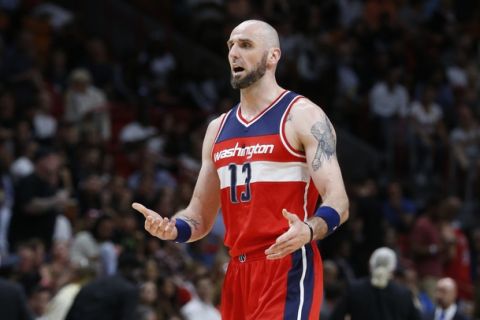 Washington Wizards center Marcin Gortat reacts after a call during the second half of an NBA basketball game against the Miami Heat, Wednesday, April 12, 2017, in Miami. The Heat defeated the Wizards 110-102. (AP Photo/Wilfredo Lee)