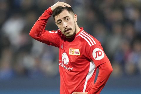 Union's Josip Juranovic reacts during the German Bundesliga soccer match between VfL Bochum and Union Berlin in Bochum, Germany, Saturday, Dec. 16, 2023. (AP Photo/Martin Meissner)