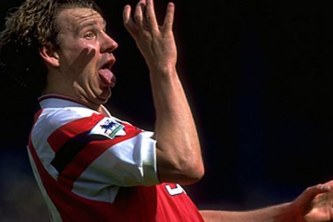 4 APR 1993:  PAUL MERSON OF ARSENAL CELEBRATES THE F.A. CUP SEMI-FINAL 1-0 VICTORY OVER TOTTENHAM HOTSPUR PLAYED AT WEMBLEY. HE PRETENDED TO BE DRINKING AS CERTAIN TABLOIDS HAD CLAIMED THAT HE HAD A DRINKING PROBLEM.