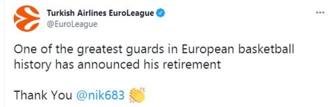 Το tweet της EuroLeague για την απόσυρση του Νίκου Ζήση