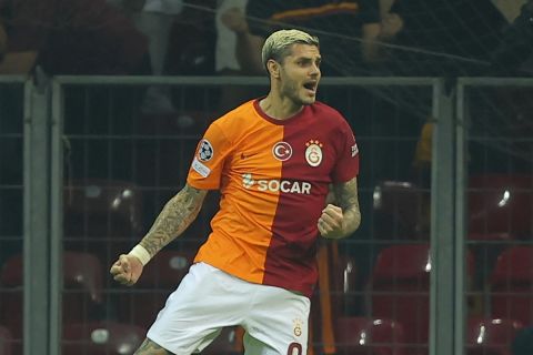 Galatasaray's Mauro Icardi celebrates after scoring against Bayern during a Champions League group A soccer match between Galatasaray and Bayern Munich in Istanbul, Tuesday, Oct. 24, 2023. (AP Photo/Emre Otkay)