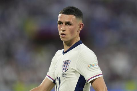 England's Phil Foden during a Group C match against Slovenia at the Euro 2024 soccer tournament in Cologne, Germany, Tuesday, June 25, 2024. (AP Photo/Martin Meissner)