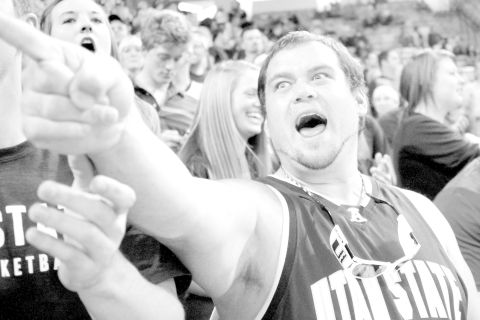 "Wild Bill" Sproat gets worked up before Utah State's exhibition game against Grand Canyon University. 