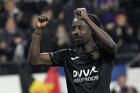 Anderlecht's Majeed Ashimeru celebrates after his team won the Europa Conference League quarter finals first leg soccer match between Anderlecht and AZ Alkmaar at Anderlecht Stadium in Brussels, Thursday, April 13, 2023. (AP Photo/Fred Sierakowski)