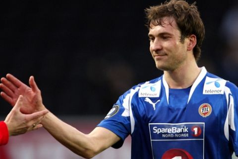 BILDET KOMMER FRA SCANPIX DATABASETRONDHEIM  20080426:Tromsøs Miika Koppinen jubler etter kampen etter å ha scoret 1-0 under eliterseriekampen i fotball mellom Rosenborg og Tromsø på Lerkendal stadion som Tromsø vant 1-0. Foto: Gorm Kallestad / SCANPIX