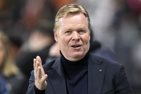 FILE - Netherland's head coach Ronald Koeman watches the camera prior the international friendly soccer match between Germany and Netherlands in Frankfurt, Germany, Tuesday, March 26, 2024. Ronald Koeman has coached the Netherlands through qualifying for back-to-back European Championships. (AP Photo/Martin Meissner, File)