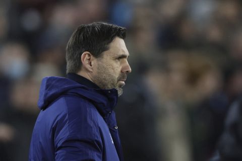 Dinamo Zagreb's head coach Damir Krznar before the Europa League Group H soccer match between West Ham and Dinamo Zagreb at the London stadium, in London, Thursday, Dec. 9, 2021. (AP Photo/Ian Walton)