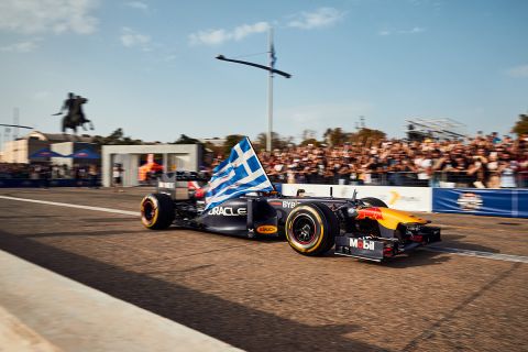 Patrick Friesacher of Austria in a RB8 performs during the Red Bull Showrun by Alumil in Thessaloniki, Greece on September 23, 2023.