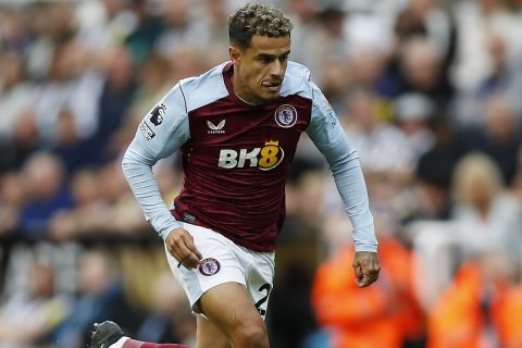 FILE - Aston Villa's Philippe Coutinho controls the ball during the English Premier League soccer match between Newcastle and Aston Villa at St. James' Park in Newcastle, England, Aug. 12, 2023. (AP Photo/Steve Luciano, File)