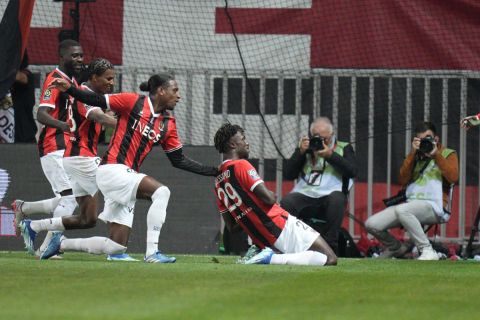 Nice's Evann Guessand, right, celebrates after scoring during the French League One soccer match between Nice and Marseille at the Allianz Riviera stadium in Nice, France, Saturday, Oct. 21, 2023. (AP Photo/Daniel Cole)