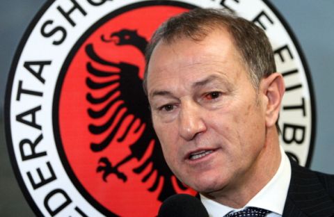 Italian Gianni De Biasi speaks to journalists after officially sign an agreement to coach the Albanian national football team in Tirana on December 19, 2011. De Biasi, 55, signed a two-year contract and has never coached at international level before although he has plenty of experience of the club game, having taken charge of Italian teams Modena, Brescia, Torino and Udinese and having also had a spell in Spain with Levante.        AFP PHOTO / GENT SHKULLAKU (Photo credit should read GENT SHKULLAKU/AFP/Getty Images)