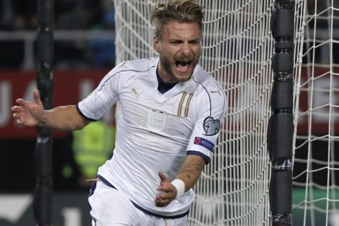 Italys Ciro Immobile celebrates after scoring the second team's goal against Macedonia, during their World Cup Group G qualifying soccer match at the Philip II of Macedon National Stadium in Skopje, Macedonia, on Sunday, Oct. 9, 2016. (AP Photo/Boris Grdanoski)